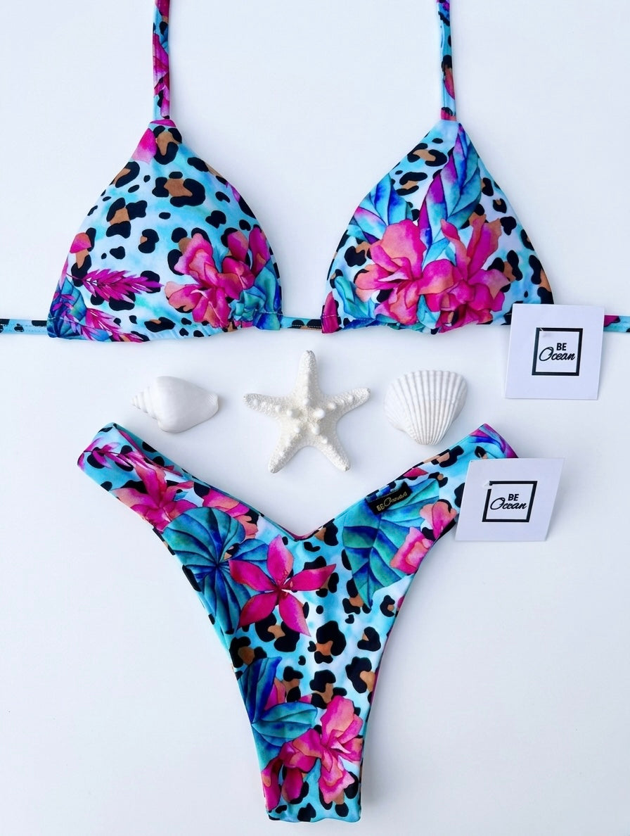 V-Cut Thong & Padded Bra Bikini Set - BLUE JAGUAR