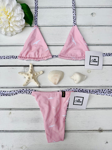Micro Bikini One-size Thong & Non Padded Triangle Bra Reversible Set - PAMELA FREE BIRDS