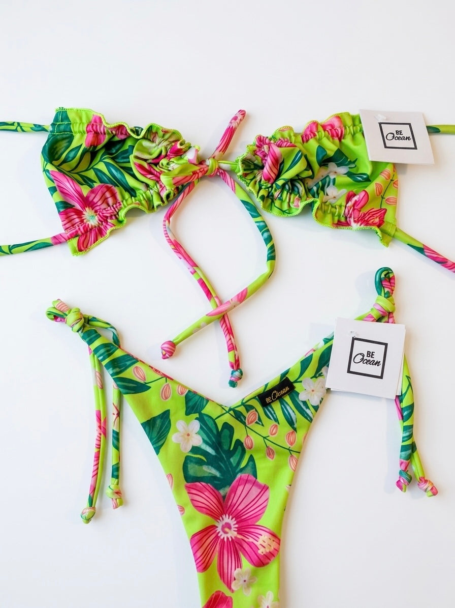 Bow Tie Non Padded Bra & V-Cut Thong Bikini Set - ELECTRIC JUNGLE