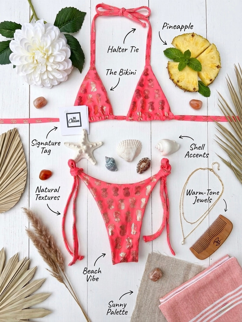 Micro Bikini One-size Thong & Non Padded Triangle Bra Set - ORANGE PINEAPPLE