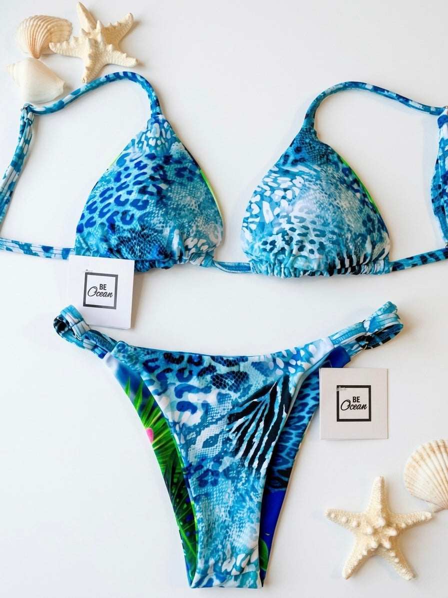 Reversible Thong & Triangle Padded Bra Bikini Set - ORCHID & LEOPARD