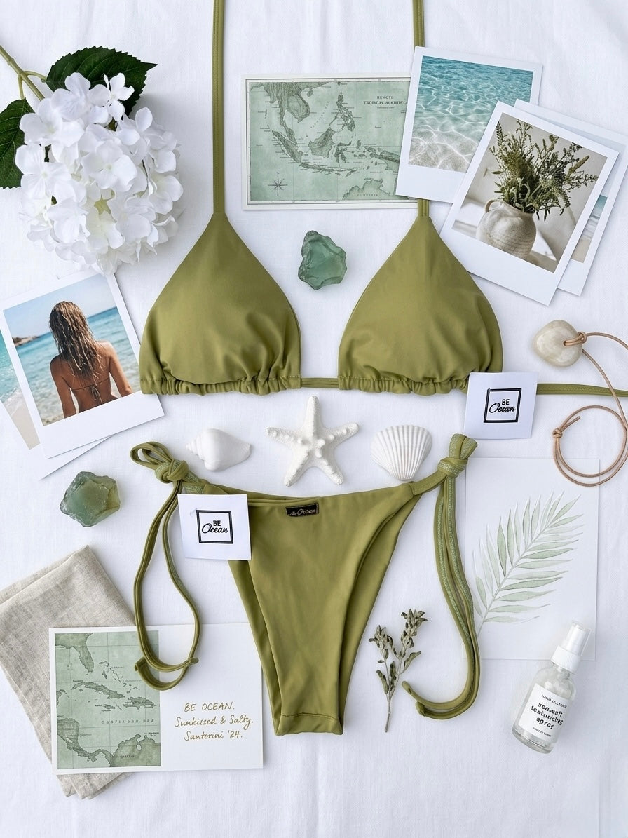 Triangle Thong & Padded Bra Bikini Set - PAMELA OLIVE GREEN