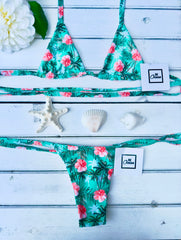 Micro Bikini One-size Thong & Non Padded Triangle Bra Set - FLOWERS & PALMS