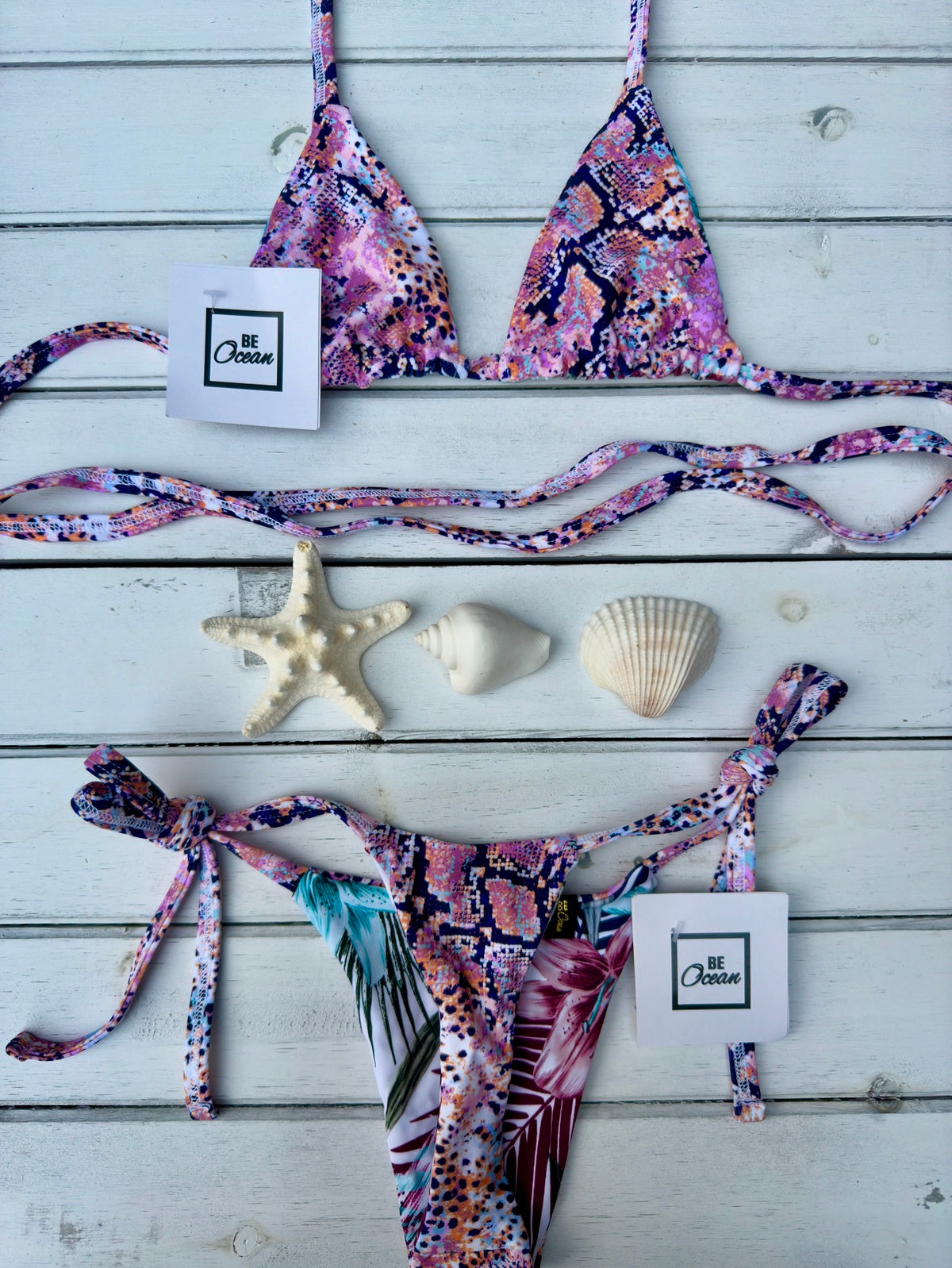 Micro Bikini One-size Thong & Non Padded Triangle Bra Reversible Set - PAMELA TROPICAL VIBES