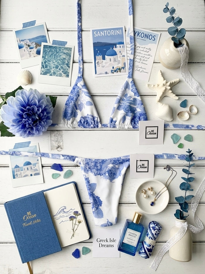 Micro Bikini One-size Thong & Non Padded Triangle Bra Set - BLUE ROSE