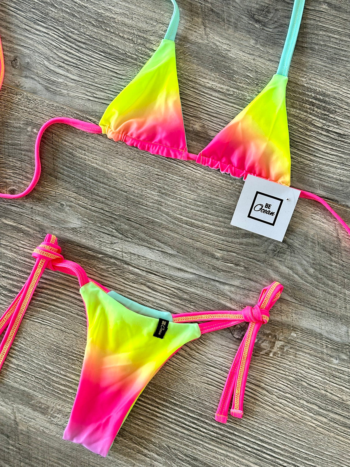 Micro Bikini One-size Thong & Non Padded Triangle Bra Set - CANDY RAINBOW