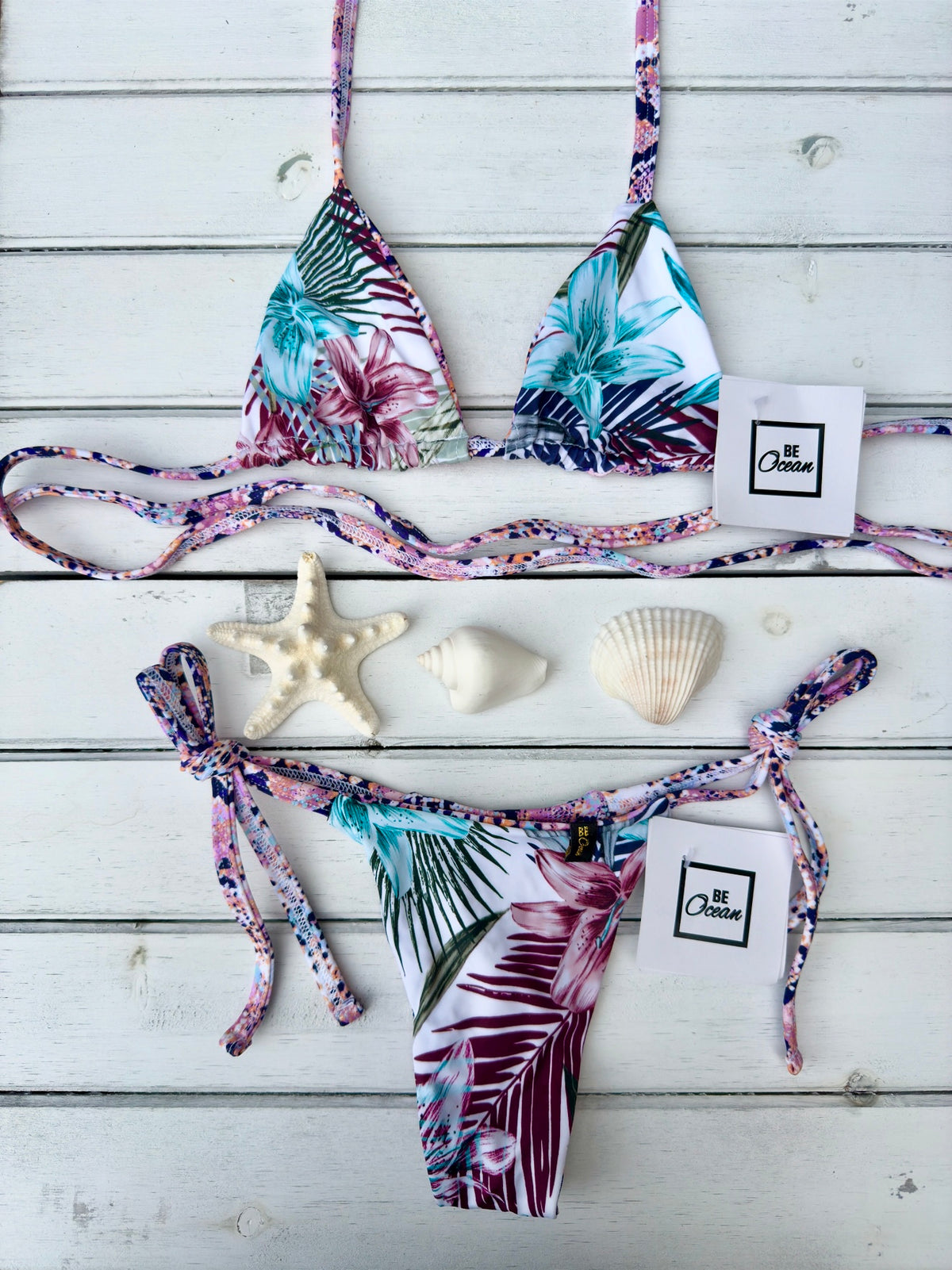 Micro Bikini One-size Thong & Non Padded Triangle Bra Reversible Set - PAMELA TROPICAL VIBES