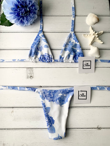 Micro Bikini One-size Thong & Non Padded Triangle Bra Set - BLUE ROSE