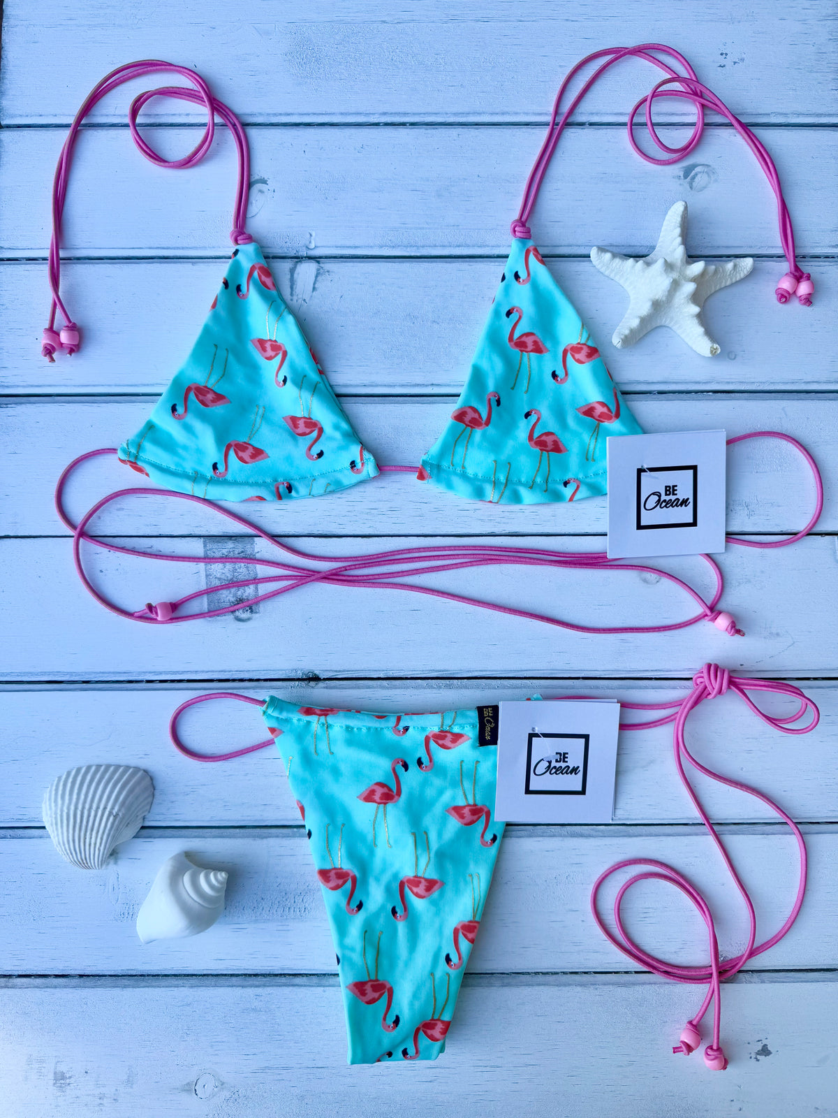 Micro Bikini One-size With Elastic Cording Straps Thong & Non Padded Triangle Bra Set - FLAMINGOMANIA