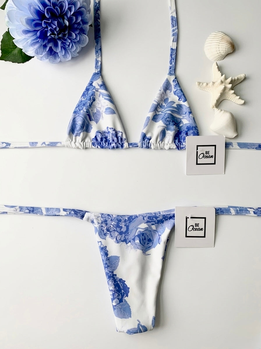 Micro Bikini One-size Thong & Non Padded Triangle Bra Set - BLUE ROSE