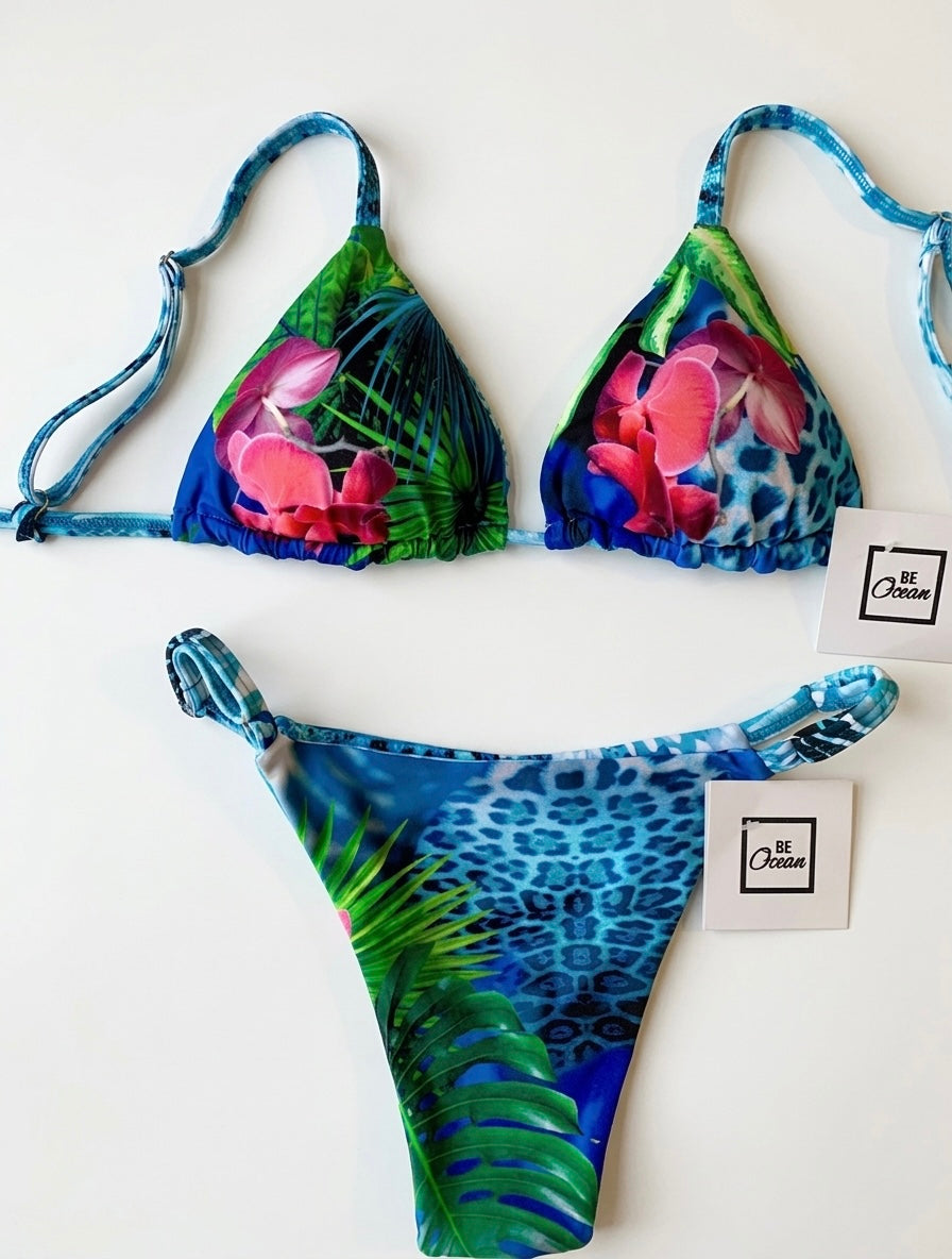 Reversible Thong & Triangle Padded Bra Bikini Set - ORCHID & LEOPARD
