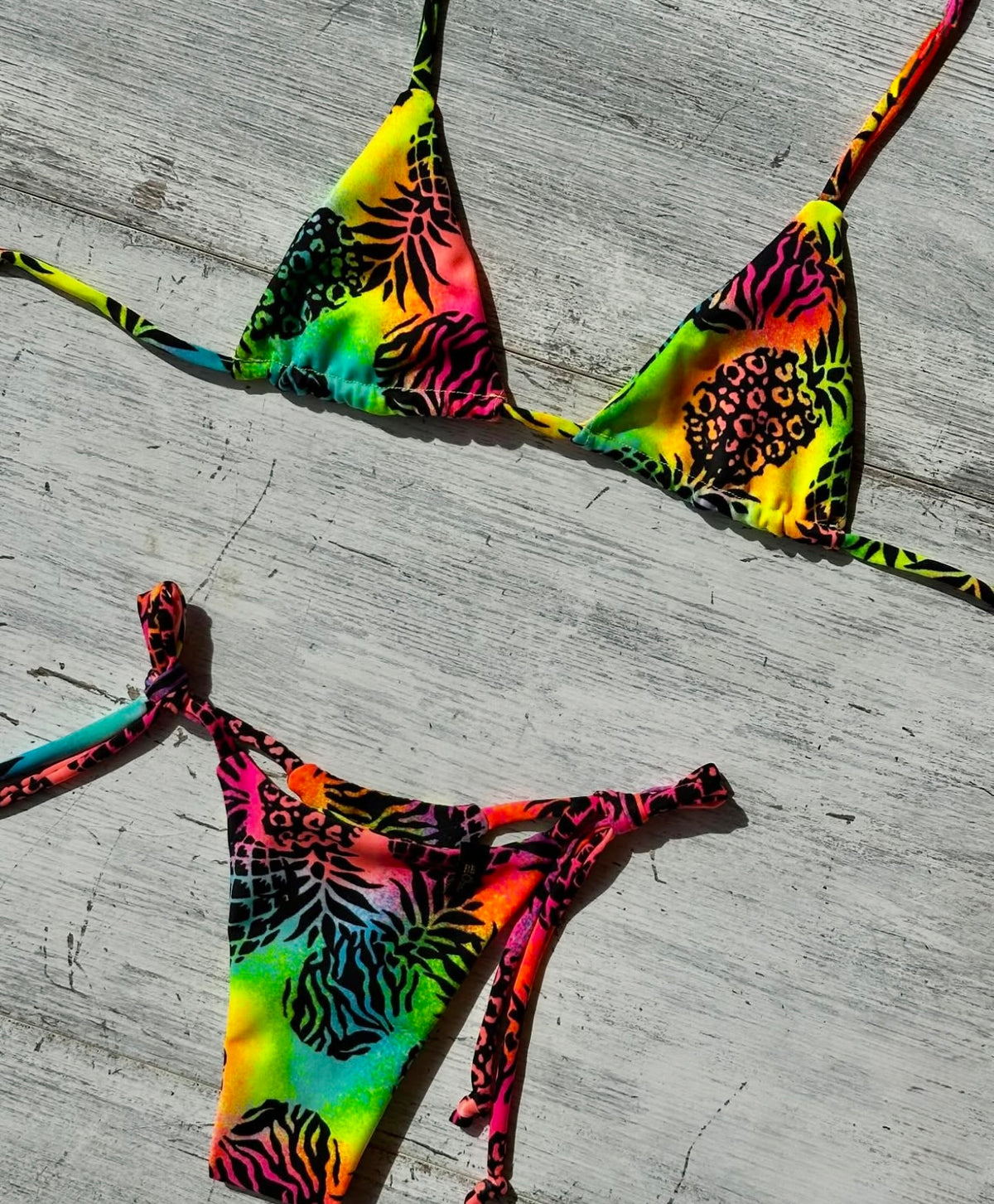 Micro Bikini One-size Thong & Non Padded Triangle Bra Set - PAMELA NEON PINEAPPLE