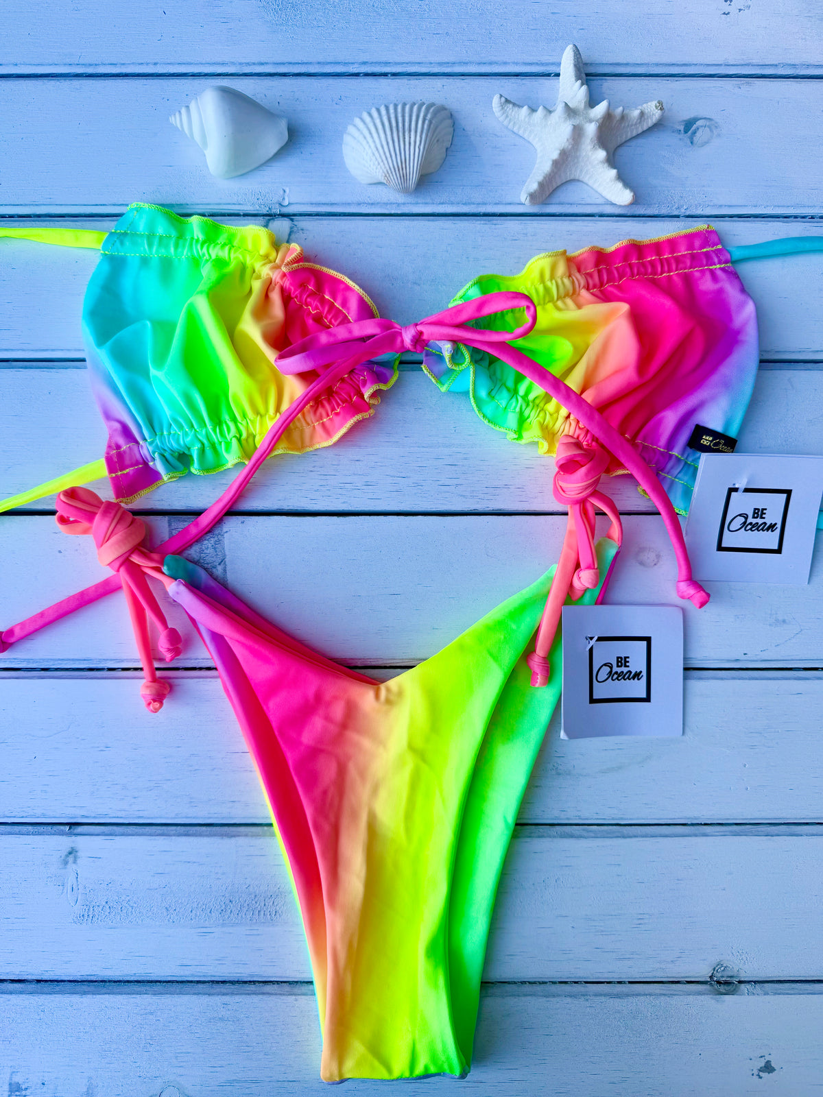 Bow Tie Non Padded Bra & V-Cut Thong Bikini Set - CANDY RAINBOW