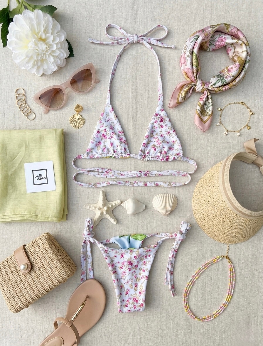 Micro Bikini One-size Thong & Non Padded Triangle Bra Reversible Set - PAMELA POSITANO