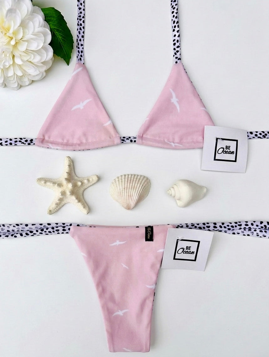 Micro Bikini One-size Thong & Non Padded Triangle Bra Reversible Set - PAMELA FREE BIRDS