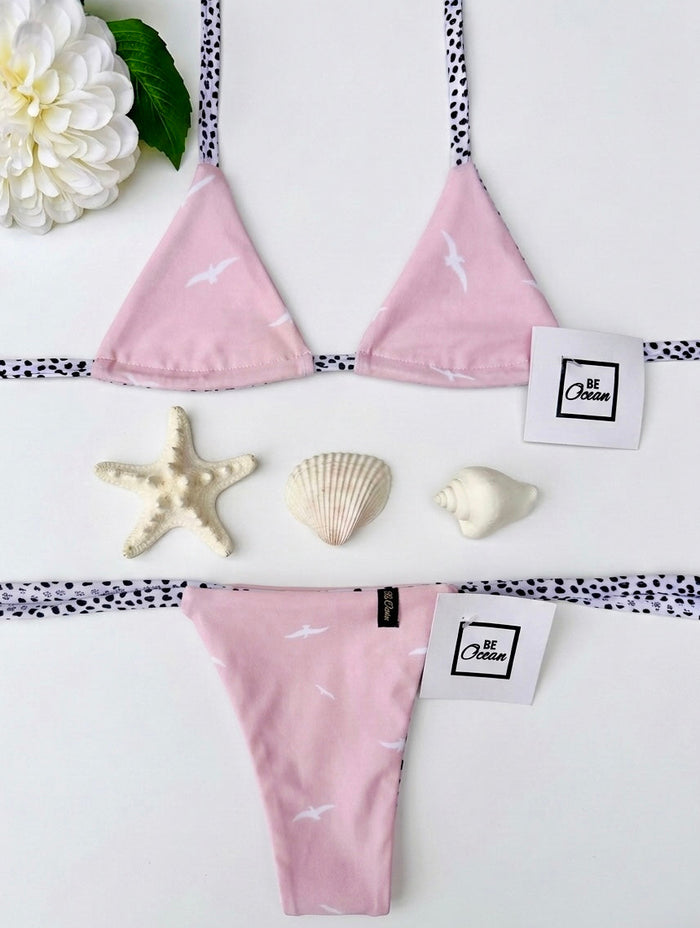 Micro Bikini One-size Thong & Non Padded Triangle Bra Reversible Set - PAMELA FREE BIRDS