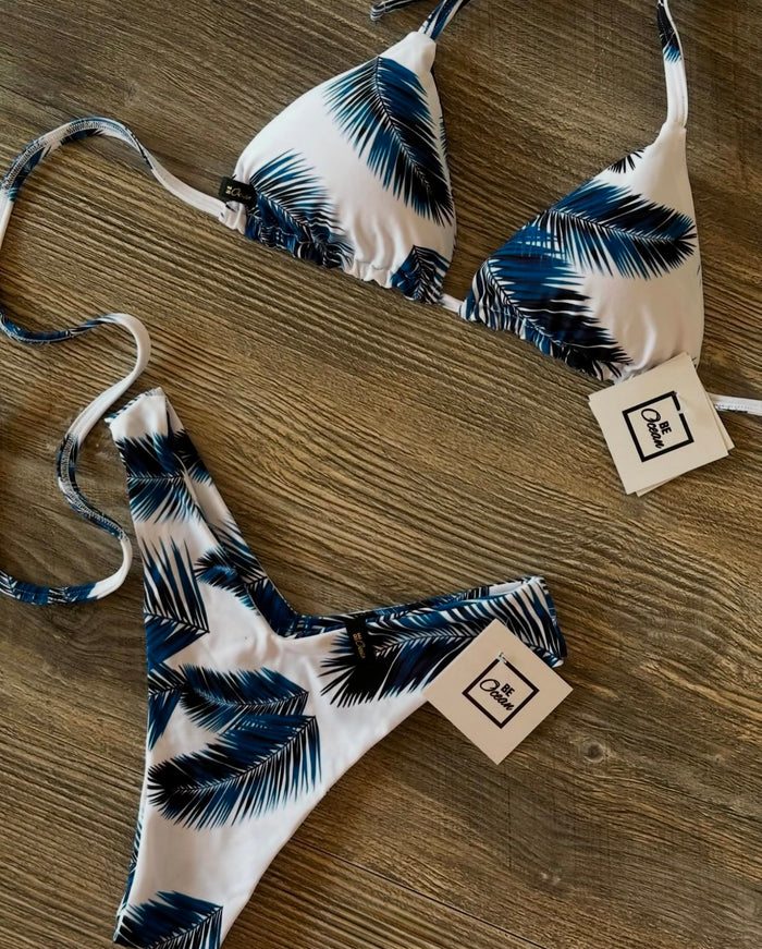 V-Cut Thong & Padded Bra Bikini Set - BLUE LEAF