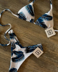 V-Cut Thong & Padded Bra Bikini Set - BLUE LEAF