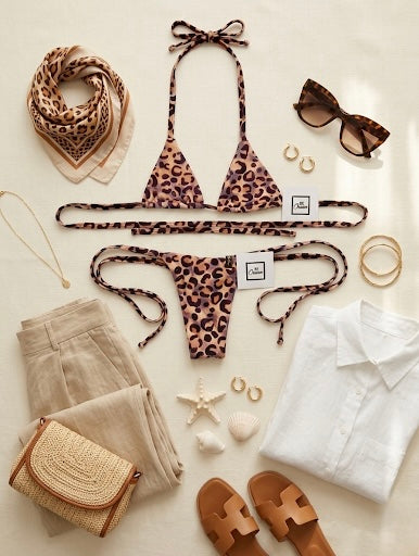 Micro Bikini One-size Thong & Non Padded Triangle Bra Set - PAMELA SMOOTH LEOPARD