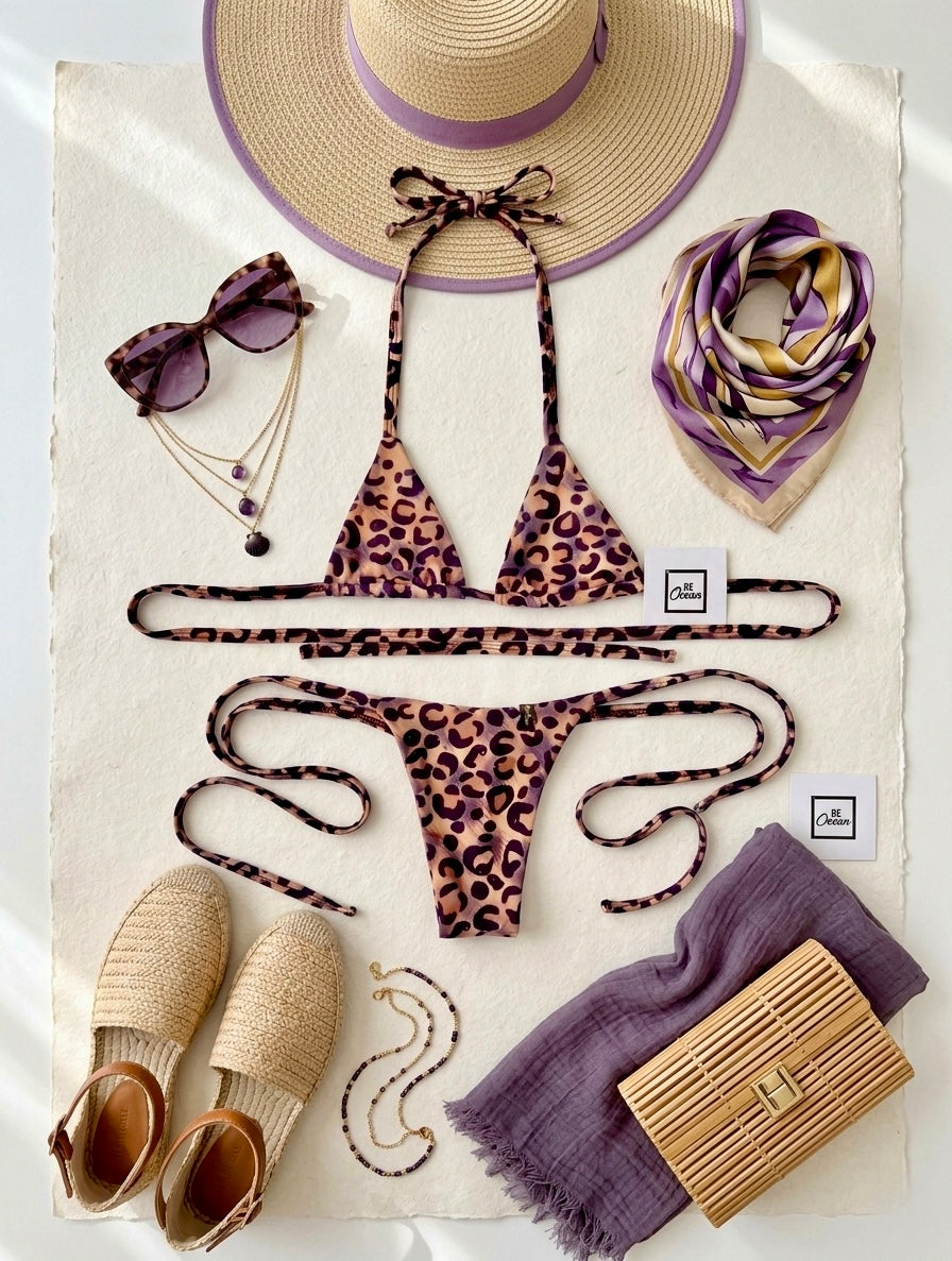 Micro Bikini One-size Thong & Non Padded Triangle Bra Set - PAMELA SMOOTH LEOPARD