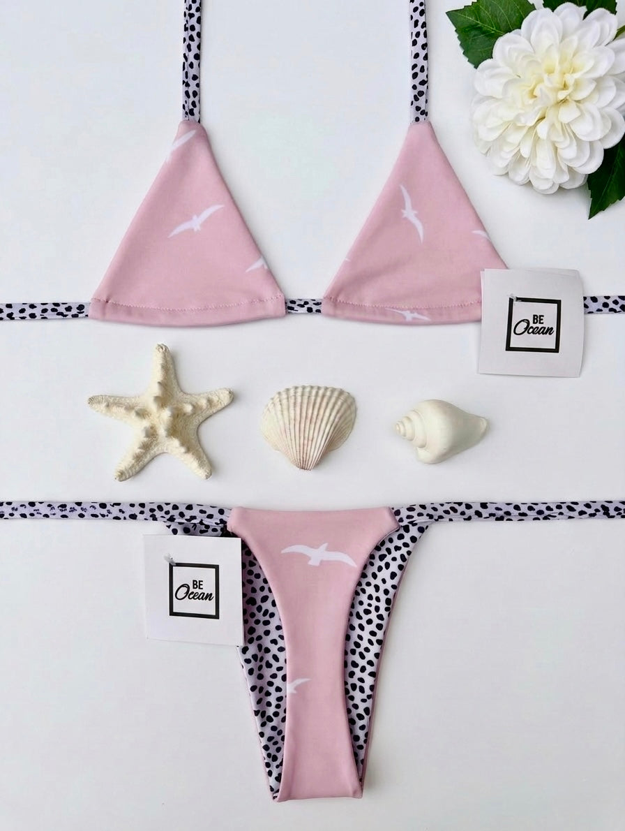 Micro Bikini One-size Thong & Non Padded Triangle Bra Reversible Set - PAMELA FREE BIRDS